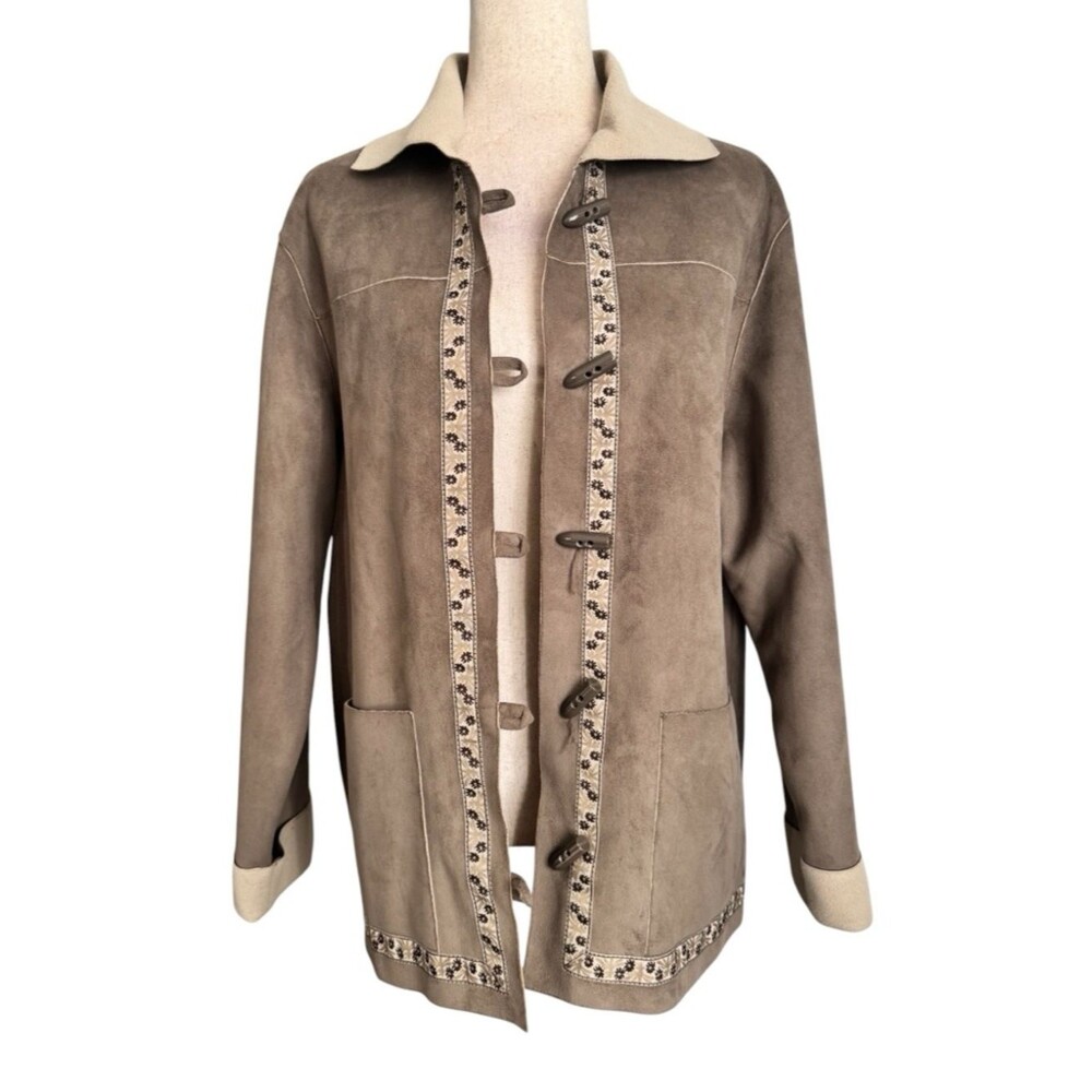 Vintage 90's Alfred Dunner Taupe Suede Toggle Jacket with Cream Trim